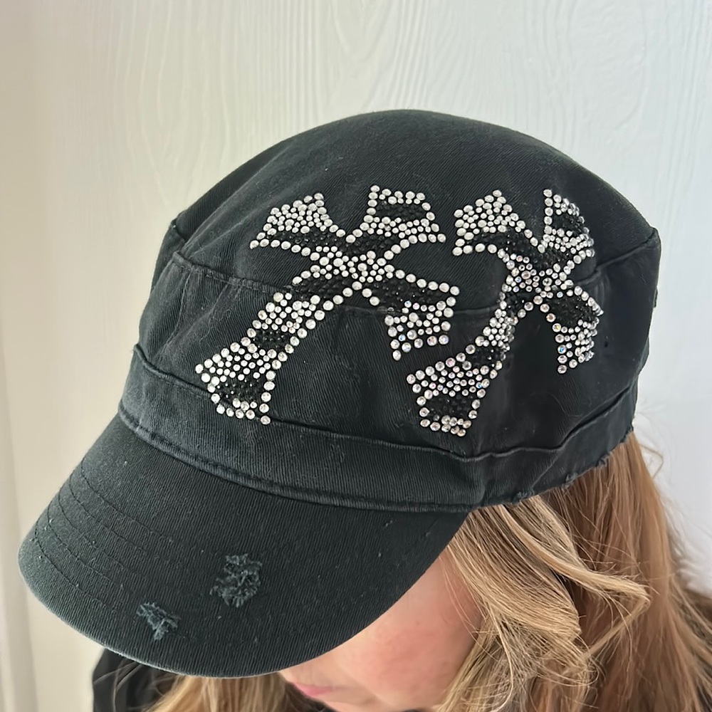 Ladies black hat with embellished crosses